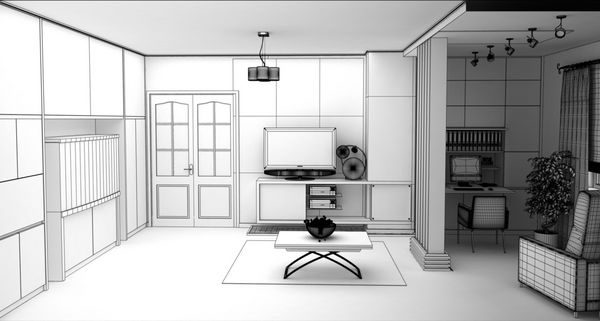 اتاق نشیمن با نمای چشم انداز معماری داخلی سه بعدی