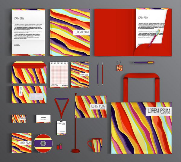طراحی الگوی هویت شرکتی راه راه با خطوط مواج رنگارنگ لوازم التحریر ست تجاری
