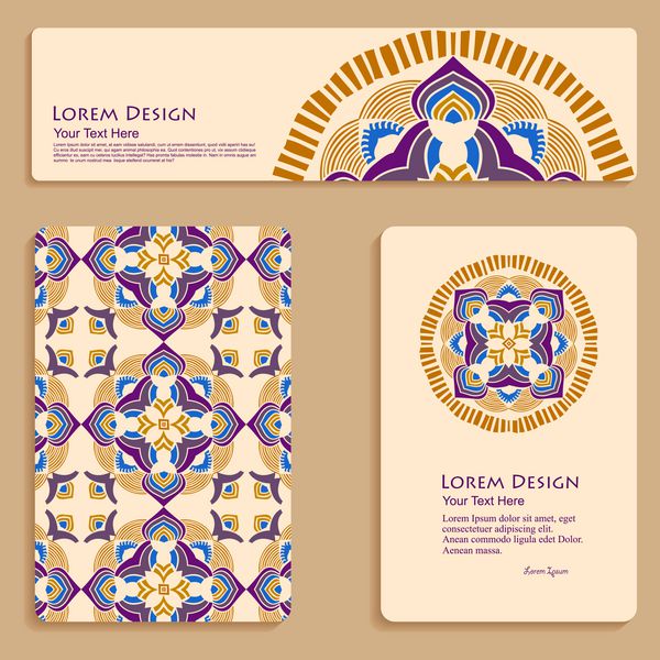 مجموعه چند رنگی از کارت‌های ویزیت و الگوهای سرصفحه با تزئینات قبیله‌ای ماندالا برای تبریک کارت دعوت یا جلد وکتور