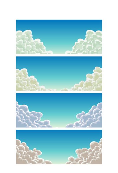 مجموعه ای در پس زمینه آسمان آبی تصویر مجموعه ای از ابرهای کارتونی خنده دار با اشکال دود برای پر کردن صحنه های آسمان یا پس زمینه بازی های ui