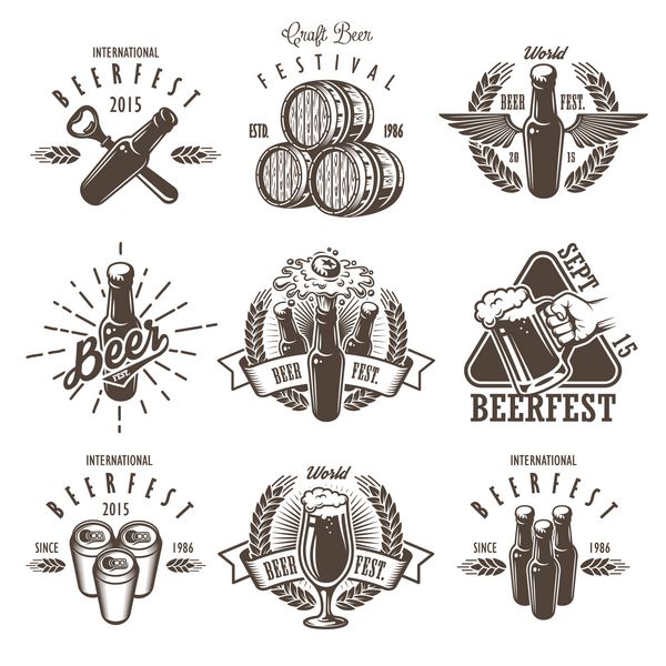 مجموعه ای از نمادهای جشنواره قدیمی برچسب ها لوگوها نشان ها و عناصر طراحی شده سبک تک رنگ جدا شده در زمینه سفید