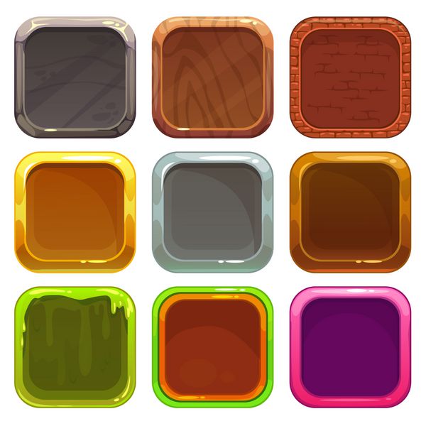 مجموعه ای از آیکون های برنامه مربعی قاب های وکتور جدا شده در پس زمینه سفید عناصر بازی یا طراحی وب