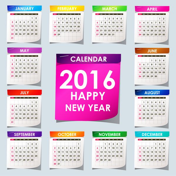 تقویم ساده 2016 طراحی تقویم 2016 تقویم عمودی 2016 - هفته با یکشنبه شروع می شود