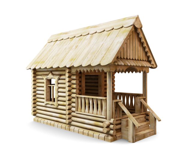 خانه چوبی روستایی جدا شده در پس زمینه سفید تصویر سه بعدی