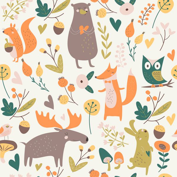 پس زمینه یکپارچه جنگل پاییزی با خرس زیبا خرگوش سنجاب الک جغد روباه گل قارچ پرندگان و قلب به سبک کارتونی