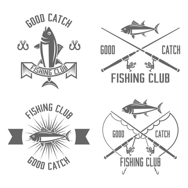 مجموعه باشگاه ماهیگیری از وکتور برچسب های مشکی قدیمی نشان ها نشان های جدا شده در پس زمینه سفید چوب ماهیگیری ماهی تن قلاب ماهیگیری آرم های ورزشی ماهیگیری