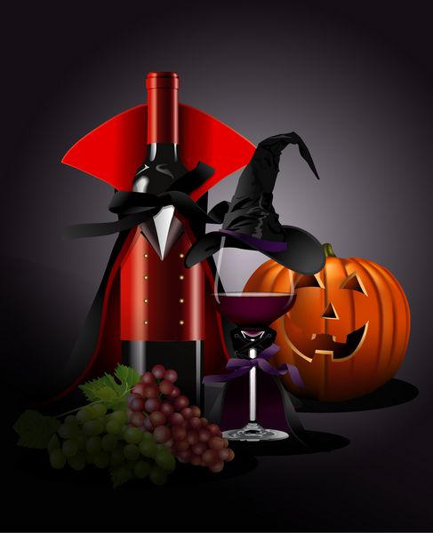 وکتور تصویرگر شیشه و بطری در لباس دراکولا و جادوگر با کدو تنبل انگور سبک زندگی بی جان مفهوم هالووین