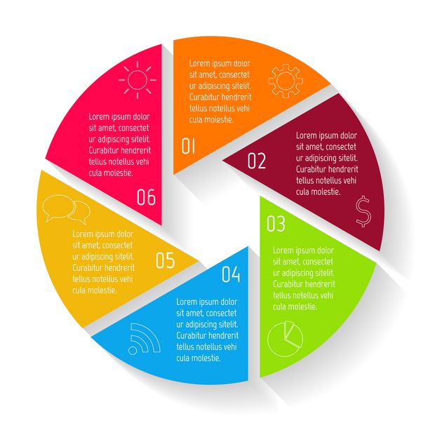 وکتور نمودار اینفوگرافیک گرد نمودار متصل دایره ای با 6 گزینه مراحل پیشرفت کاغذ برای آموزش بنر توالی مفهوم کسب و کار طرح گردش کار