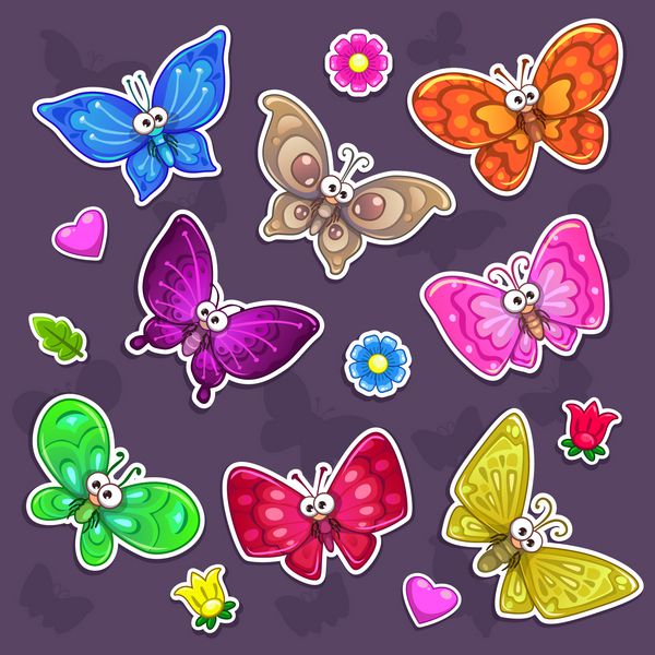 مجموعه برچسب پروانه های کارتونی خنده دار مجموعه وکتور