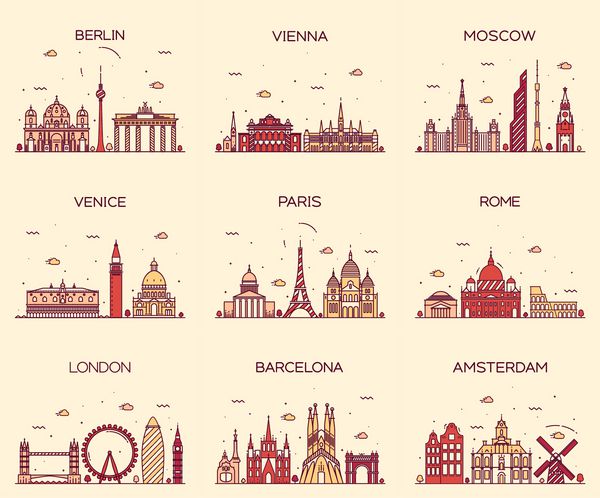 خطوط آسمان اروپا با جزئیات شبح برلین وین مسکو ونیز پاریس رم لندن آمستردام سلونا تصاویر وکتور مد روز سبک هنر خط