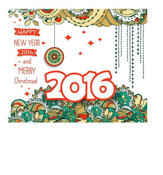 پس زمینه جشن سال نو 2016 پوستر یا قالب کارت تایپوگرافی با تزئینات به سبک zentangle وکتور