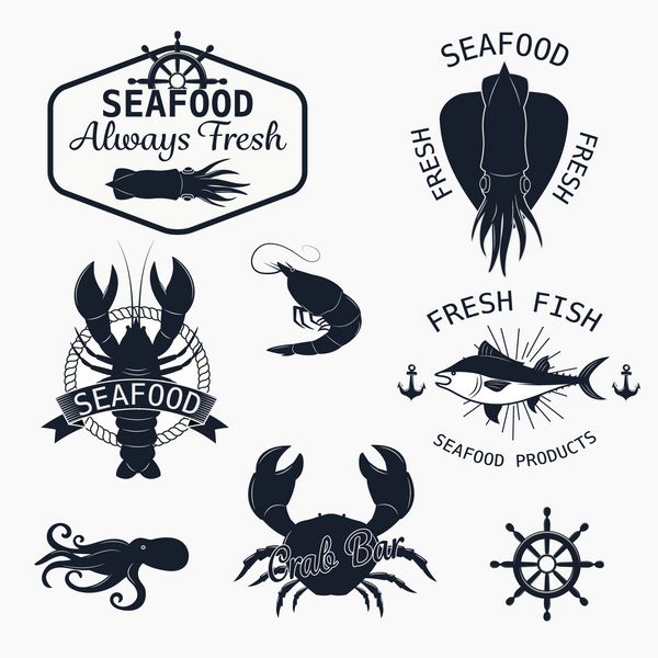 مجموعه لوگو تایپ های غذاهای دریایی عناصر طراحی مجموعه مدالها و برچسب های قدیمی