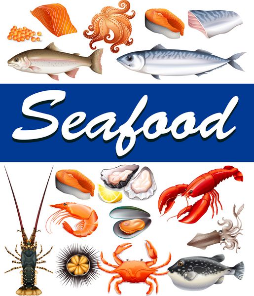 انواع مختلف غذاهای دریایی و تصاویر متنی
