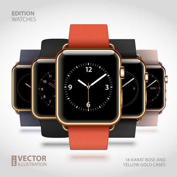 مجموعه 5 نسخه از ساعت‌های هوشمند طلایی براق مدرن با دست و پنجه نرم مدرن و نوارهای ورزشی جدا شده در پس‌زمینه سفید وکتور rgb