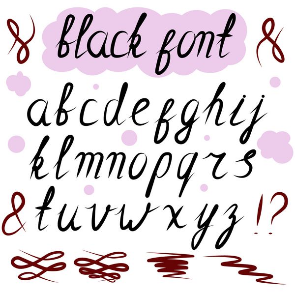 الفبای انگلیسی نامه های کوچک خط شکسته abc دست نویس خط خوشنویسی آیتم هایی برای تزئین متن حروف سیاه جدا شده در پس زمینه سفید وکتور