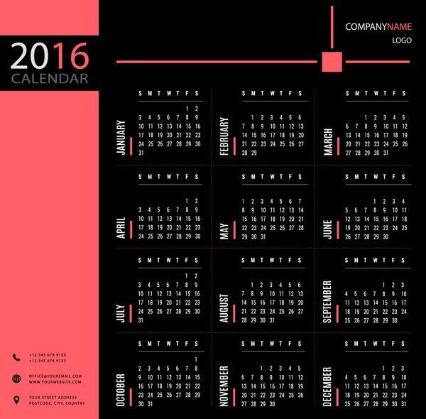قالب تقویم 2016 برای شرکت ها و استفاده خصوصی
