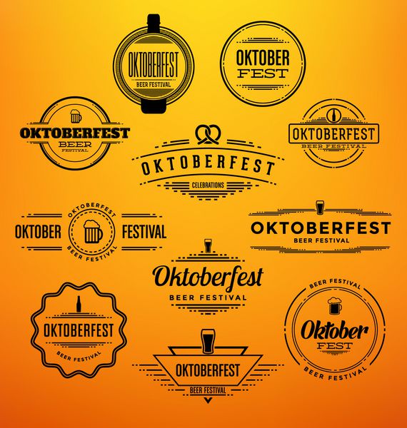 مجموعه ای از الگوهای طراحی تایپوگرافی رترو جشن جشنواره اکتبر - پس زمینه زرد رنگی