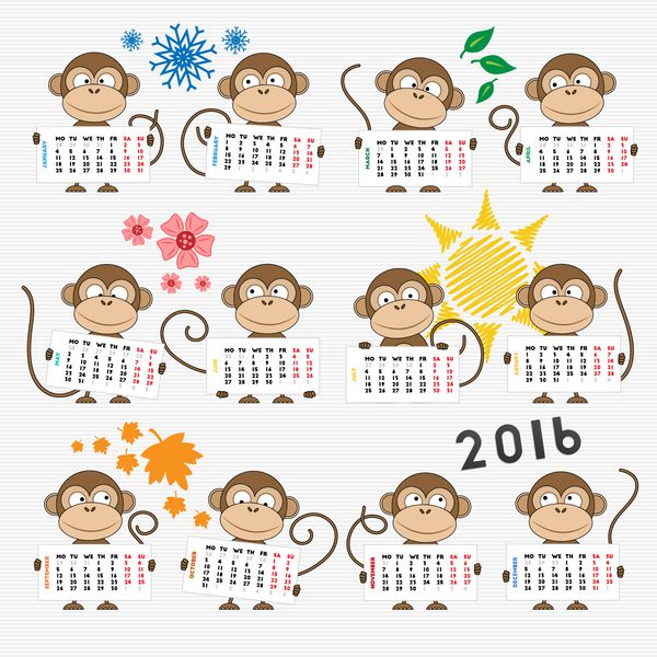 تقویم 2016 با میمون های زیبا برای طراحی شما هفته از دوشنبه شروع می شود