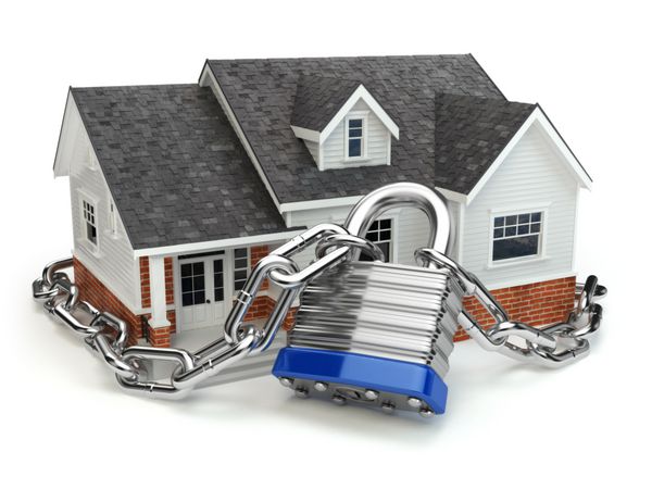 مفهوم امنیت خانه خانه با قفل و زنجیر 3 بعدی