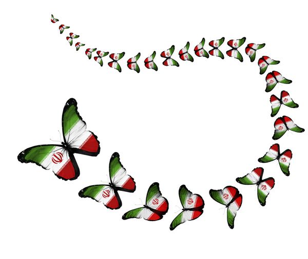 پروانه های عجیب و غریب پرچم ایران بر روی پس زمینه سفید به عنوان نماد آزادی به پرواز در می آیند