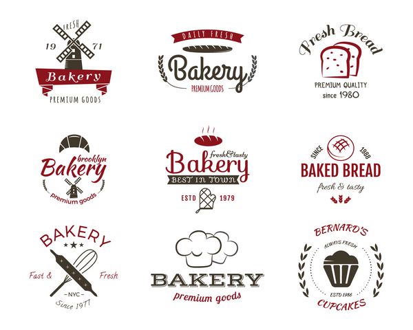 مجموعه ای از برچسب های نانوایی نمادها نشان ها و عناصر طراحی نمادها نان تازه الگوهای آرم کیک 2 رنگ سبک وینتیج نشان کیک کوچک وکتور