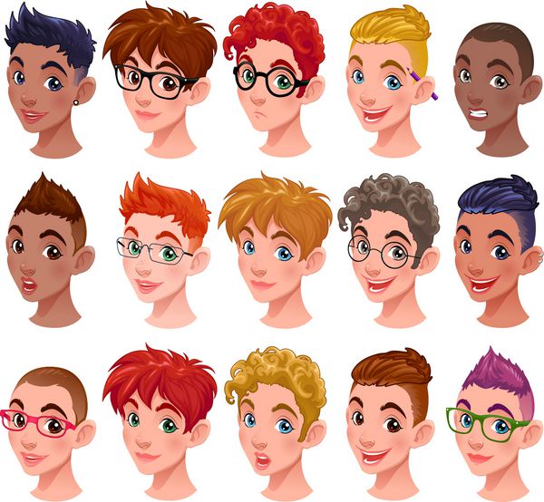 ست پسرانه با مدل مو و اکسسوری های مختلف بردار شخصیت ها و موارد جدا شده در فایل وکتور عینک و مدل مو به راحتی قابل تعویض هستند