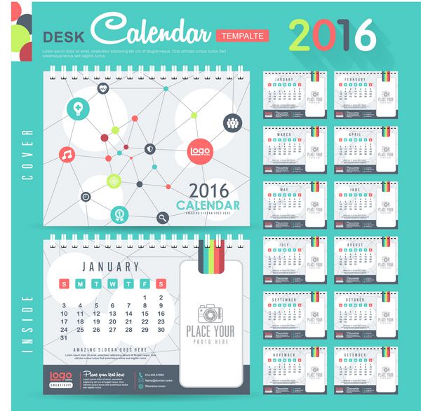 قالب طرح وکتور تقویم رومیزی 2016 با الگوی انتزاعی مجموعه 12 ماهه وکتور