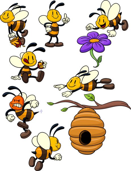 زنبورهای عسل کارتونی زیبا همه عناصر در لایه های مختلف برای ویرایش آسان