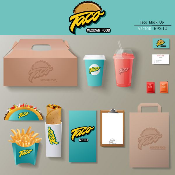 مجموعه طراحی قالب هویت شرکتی وکتور tacos ماکت برندینگ
