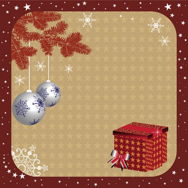 قاب رنگارنگ با شاخه قهوه ای صنوبر دو توپ کریسمس و یک جعبه قرمز زیبا در گوشه مفهوم هدیه کریسمس