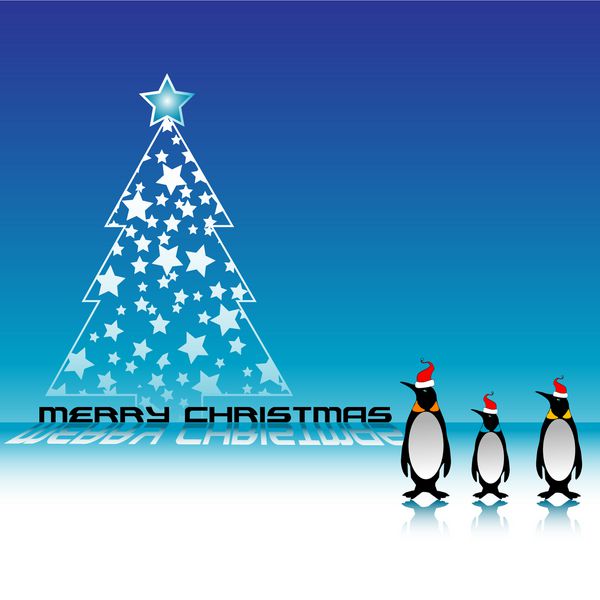 پس زمینه رنگارنگ با درخت کریسمس زیبا و سه پنگوئن که روی یخ ایستاده اند