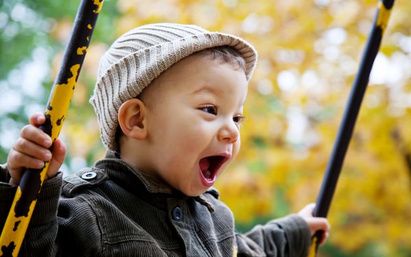 کودک نوپا هیجان زده در تاب در فضای باز برگ های پاییزی در پس زمینه