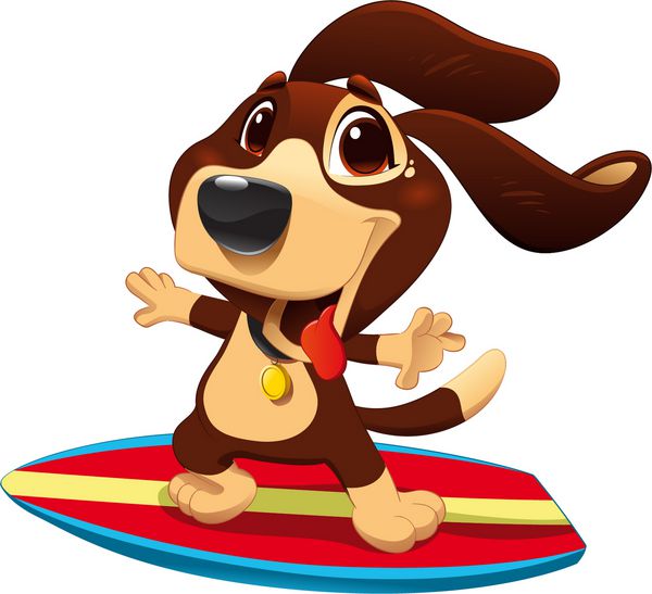 سگ با موج سواری کارتون خنده دار و وکتور شخصیت اسپرت