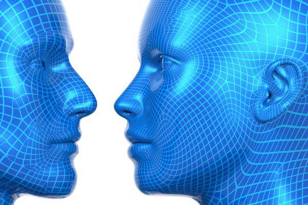 تصویر سه بعدی از سرهای قاب سیمی نر و ماده که به یکدیگر نگاه می کنند