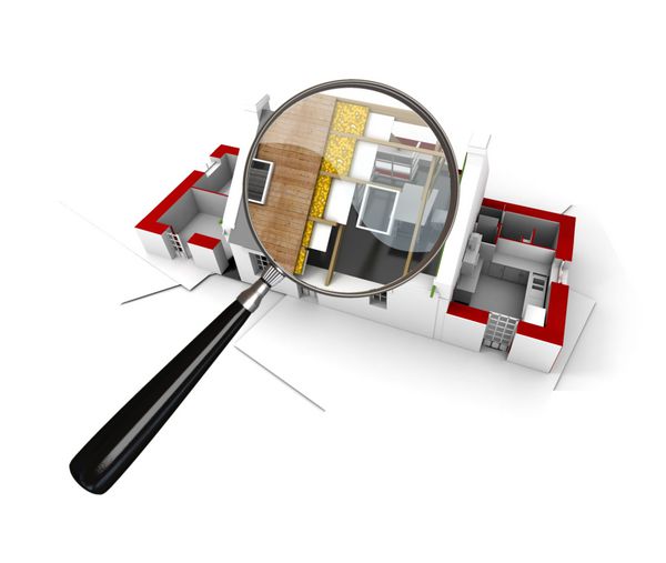 رندر سه بعدی خانه در حال ساخت که با ذره بین بررسی می شود
