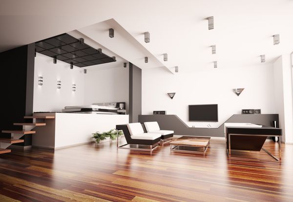 آپارتمان مدرن با اتاق نشیمن و اتاق خواب داخلی 3D