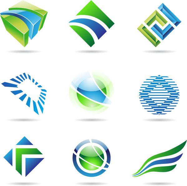 نمادهای مختلف انتزاعی سبز و آبی جدا شده در پس زمینه سفید