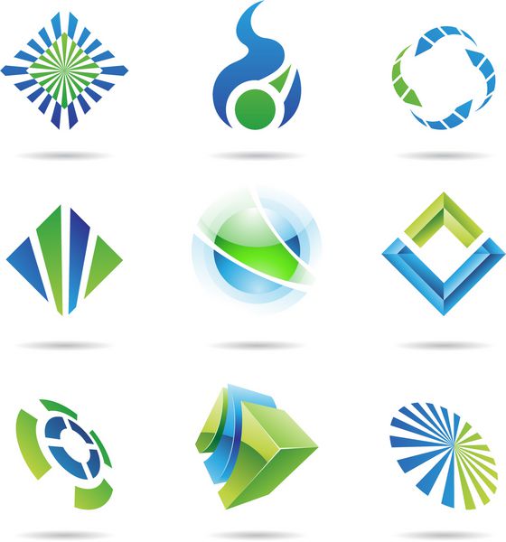 نمادهای انتزاعی مختلف آبی و سبز جدا شده در پس زمینه سفید