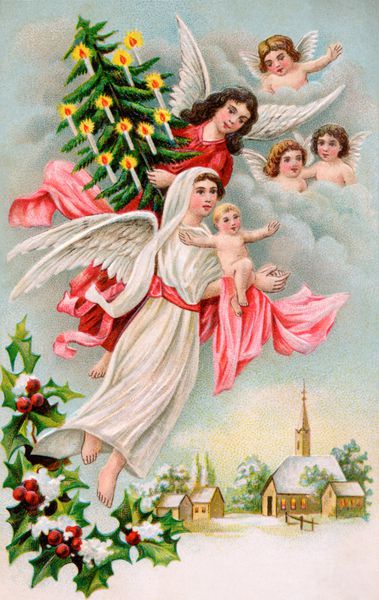 فرشتگان کریسمس با درخت همیشه سبز فرزند مسیح - یک تصویر قدیمی سوئدی 1910