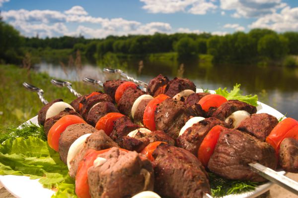 کباب با گوجه فرنگی و پومل کنار رودخانه