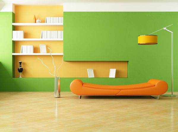 کاناپه مدرن در یک اتاق نشیمن سبز - رندر