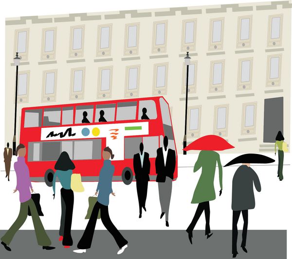 وکتور از مردم در خیابان لندن با اتوبوس و ساختمان قرمز