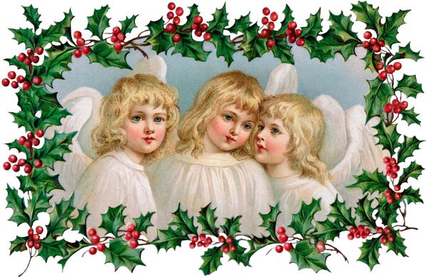 3 فرشته کوچک کریسمس با قاب هالی - تصویر قدیمی 1910