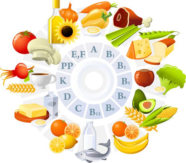جدول ویتامین ها - مجموعه ای از آیکون های غذایی که بر اساس محتوای ویتامین ها سازماندهی شده اند