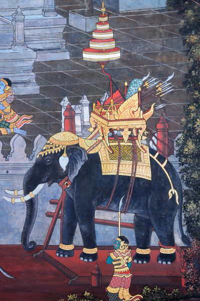 فیل به سبک سنتی تایلندی نقاشی رامایانا این سبک سنتی و عمومی در تایلند است هیچ علامت تجاری یا محدودیتی در این po وجود ندارد
