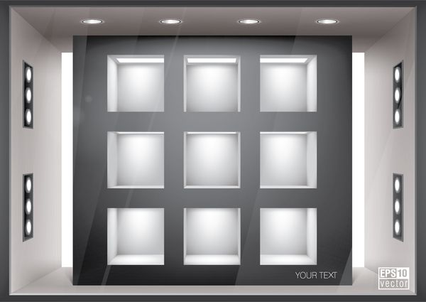 ویترین فروشگاه با روشنایی قفسه ها در دیوار می توانید رنگ های پس زمینه را تغییر دهید وکتور