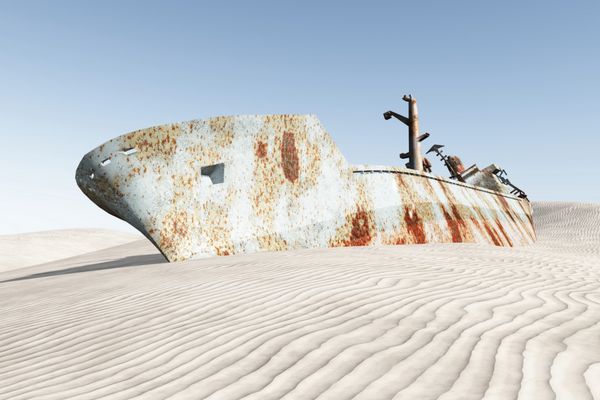 تصویر سه بعدی غرق قایق در صحرا