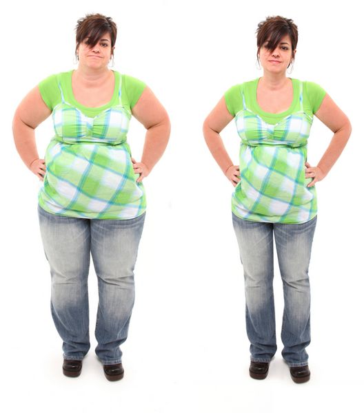قبل و بعد از زن 45 ساله دارای اضافه وزن که روی سفید ایستاده است