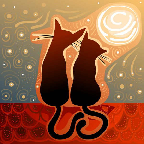 گربه های عاشق روی سقف زیر نور مهتاب - برای نسخه وکتور تصویر شماره را ببینید 80673778