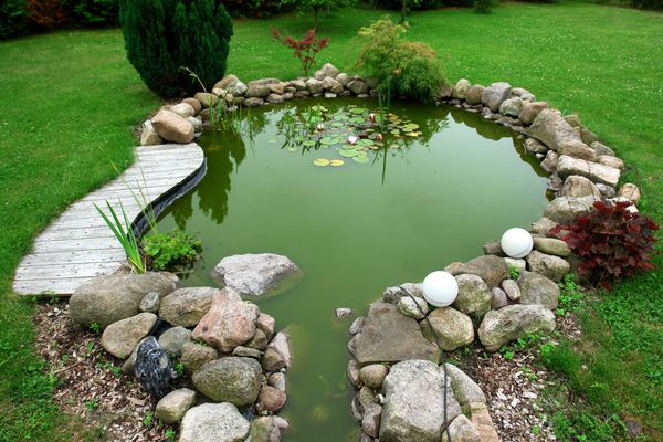 حوضچه ماهی باغ با طراحی کلاسیک زیبا در پس زمینه باغبانی حیاط خلوت